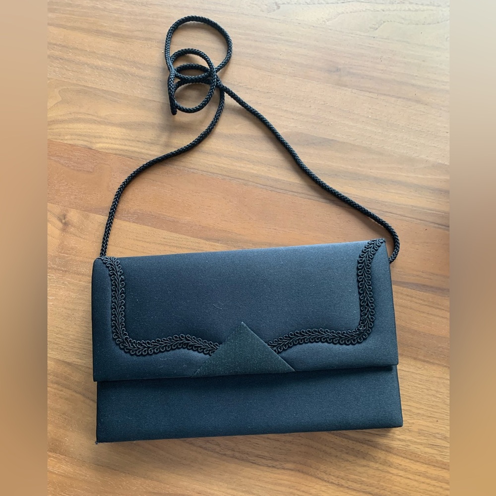 EUC Elegant Black Satin Clutch Bag with trim detail & corded strap. Sample.